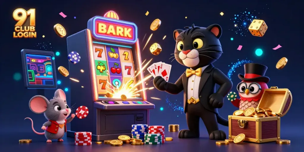 Enjoy a vibrant scene depicting 91 CLUB LOGIN with a stylish panther, poker elements, and a slot machine explosion.