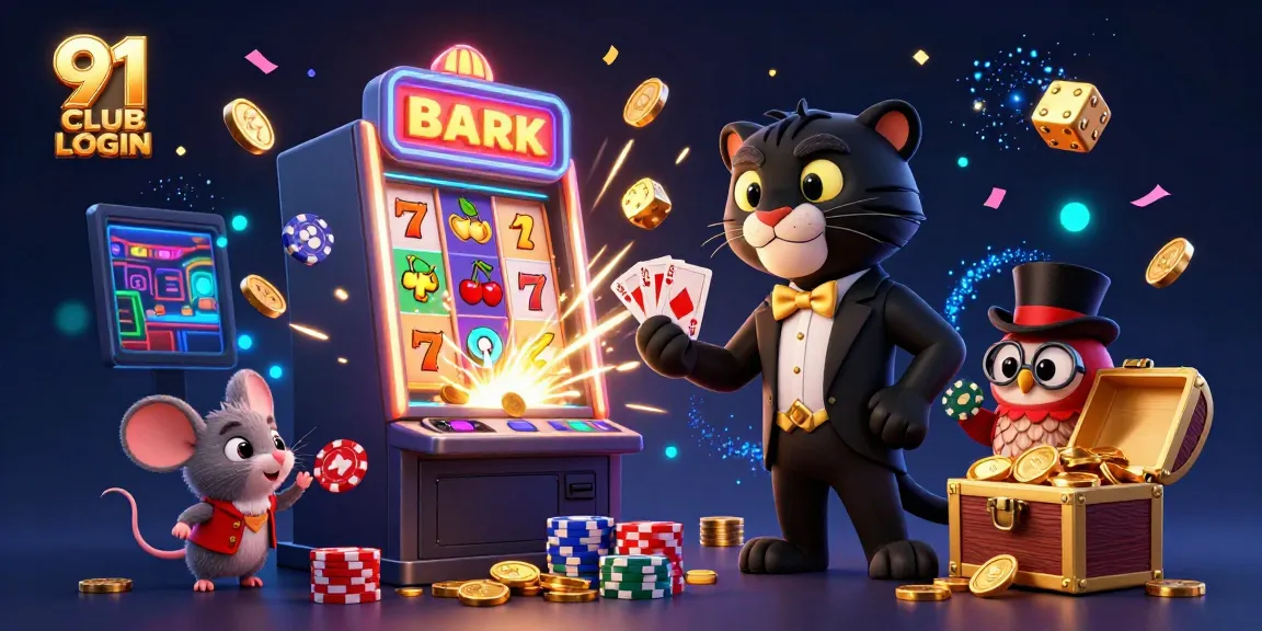 Enjoy a vibrant scene depicting 91 CLUB LOGIN with a stylish panther, poker elements, and a slot machine explosion.