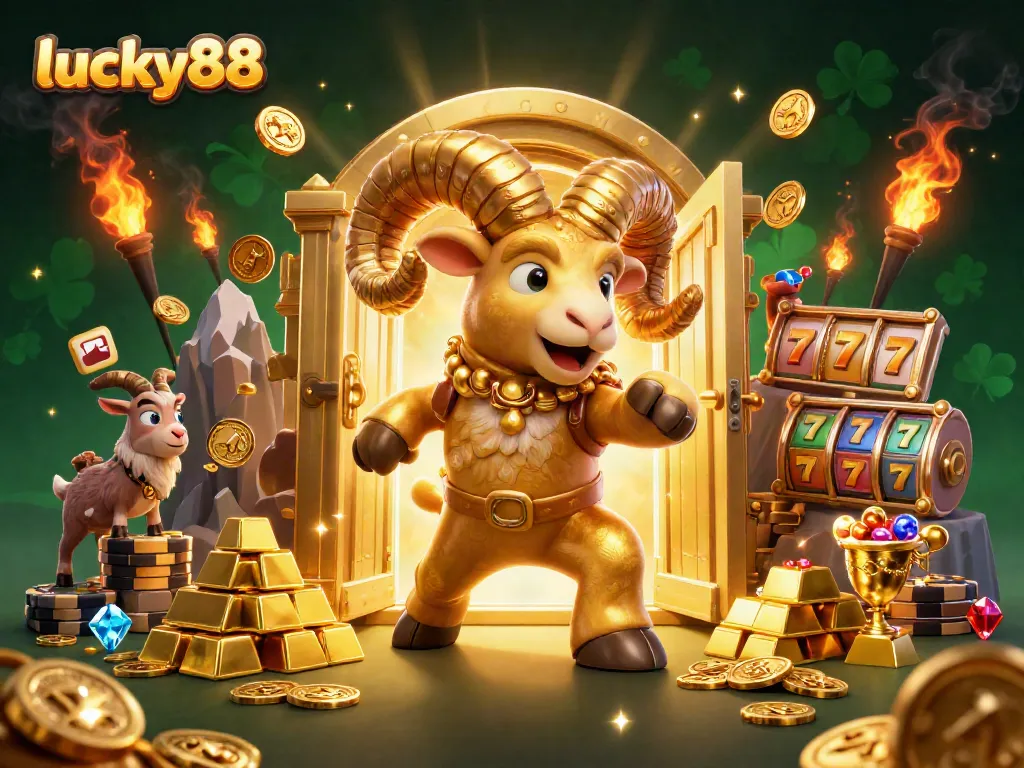 Experience big wins at lucky88 with a dynamic casino scene featuring golden treasures, slot elements, and vibrant visuals.