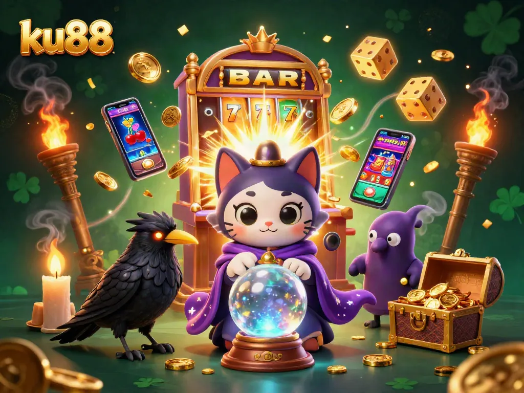 Experience the magic of ku88 with a fortune teller cat and a tarot raven in this dynamic casino illustration.