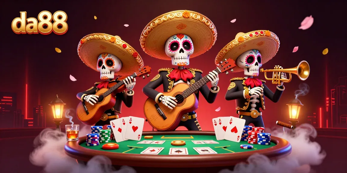 da88 features a vibrant mariachi band amidst exciting poker game elements, enhancing online gaming experience.