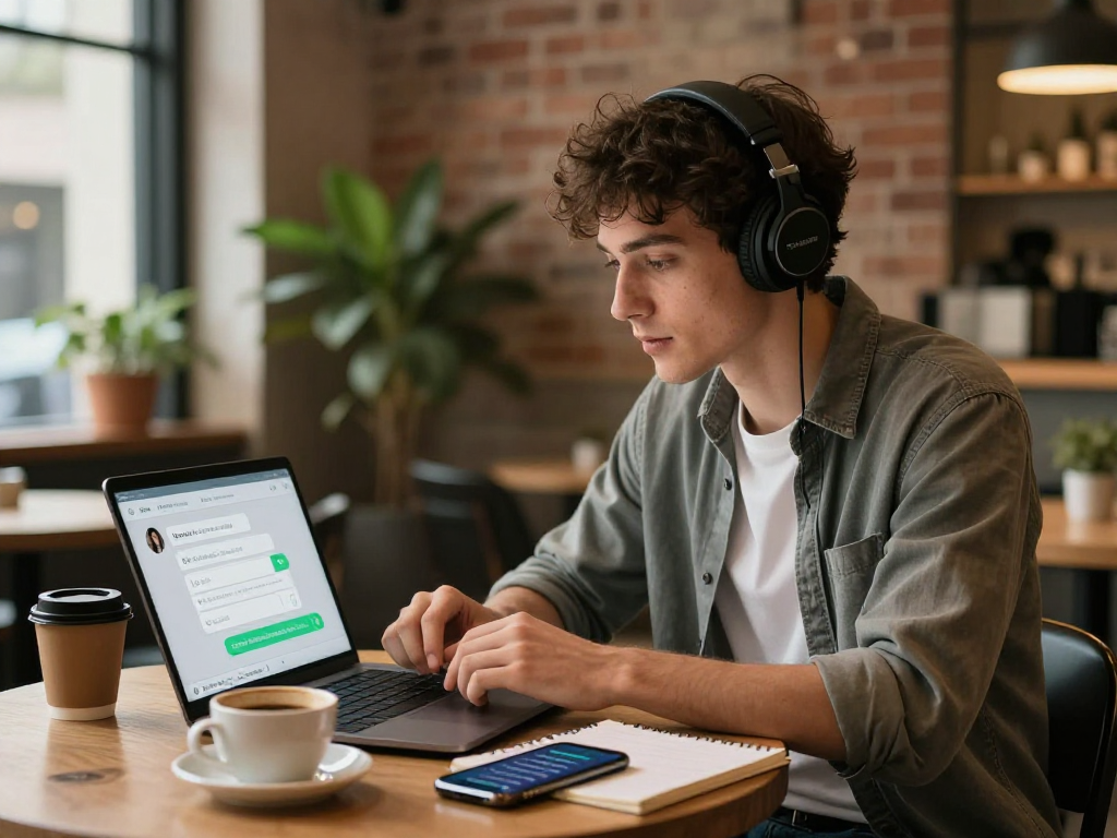 Engaging nsfw AI chat in a cozy coffee shop environment with a user and technology.