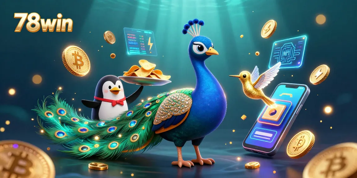 Experience the vibrant casino scene with 78win, featuring an aristocratic peacock and golden chips.
