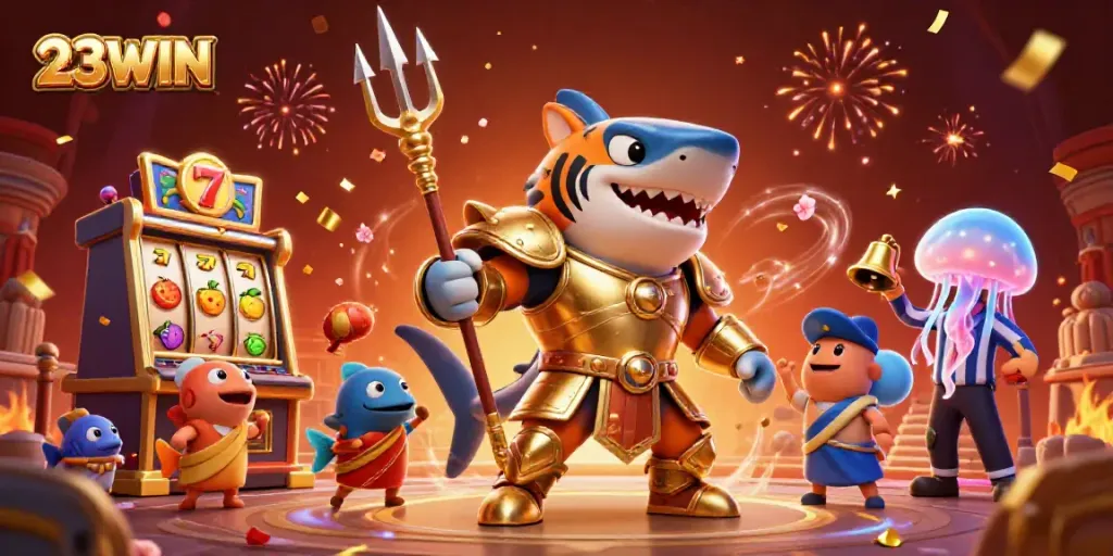 Experience the excitement of 23WIN with an underwater casino showdown featuring a fierce tiger shark.