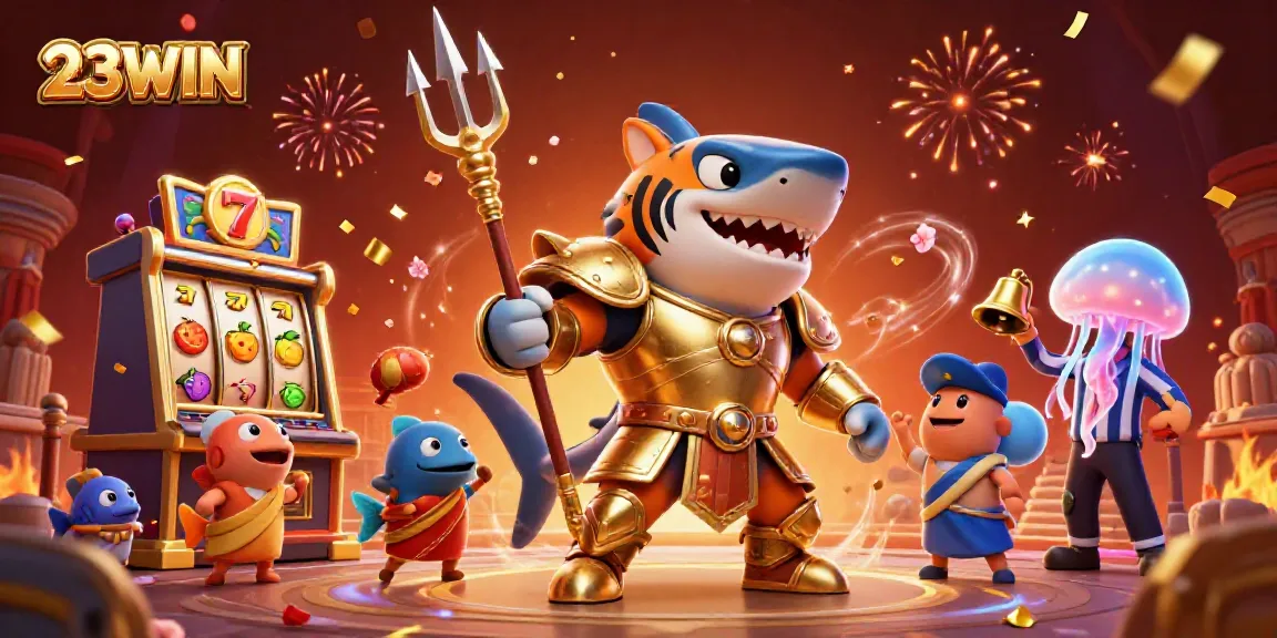 Experience the excitement of 23WIN with an underwater casino showdown featuring a fierce tiger shark.