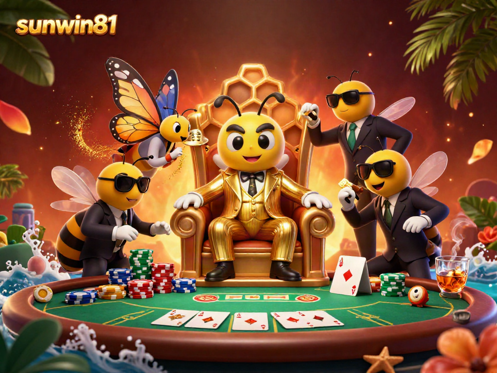 Experience thrilling gameplay dynamics at sunwin81 with a lively casino scene featuring layered poker elements and animated characters.