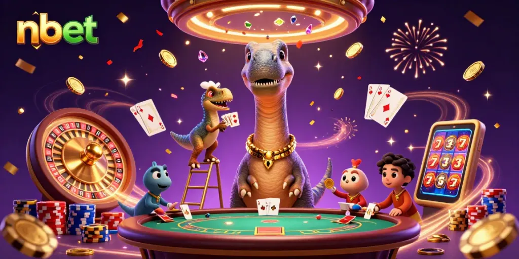 Experience thrilling nbet gameplay with a colorful 3D casino scene featuring card dealing and sparkling coins.