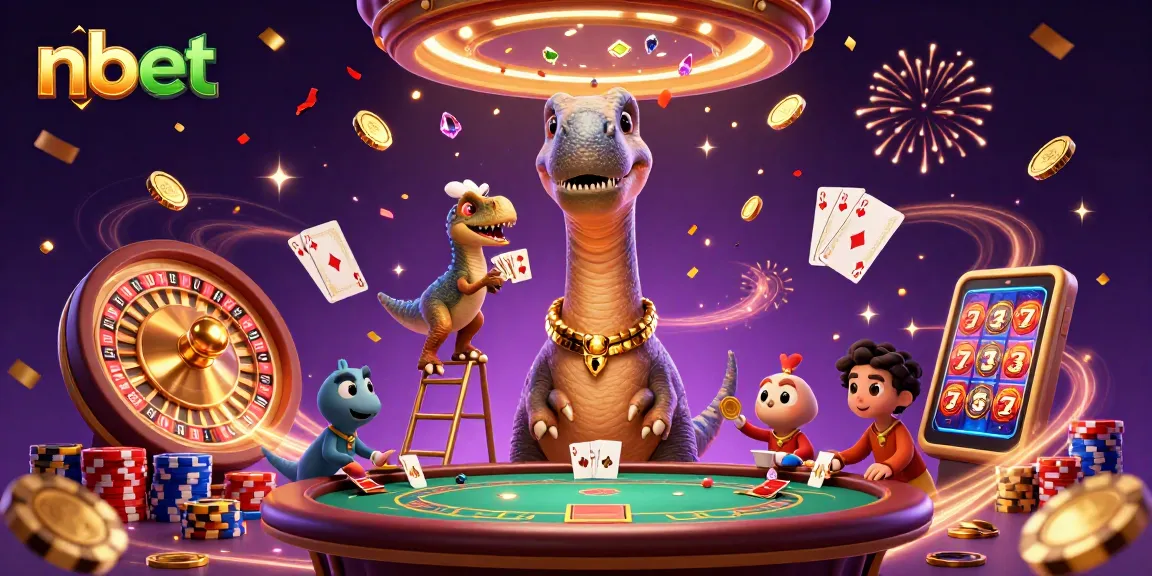 Experience thrilling nbet gameplay with a colorful 3D casino scene featuring card dealing and sparkling coins.