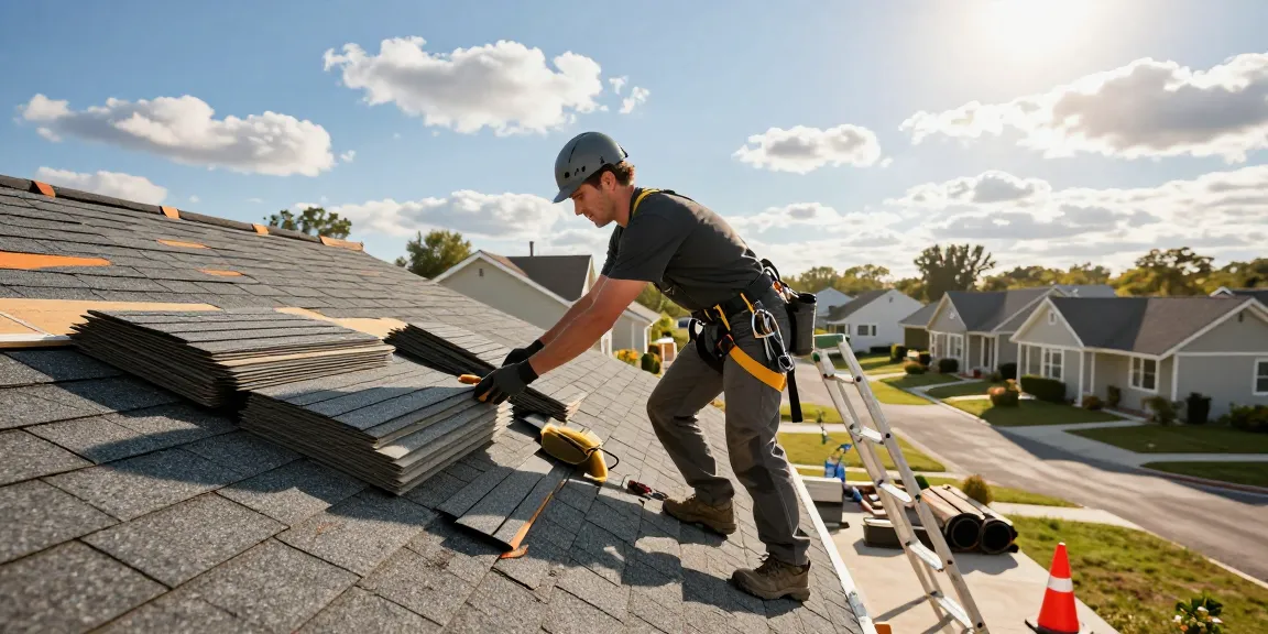 Local roofing contractors working skillfully on residential rooftop installation with tools and materials.