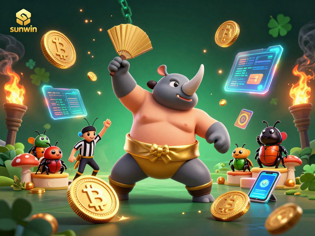 Join the excitement at sunwin with a sumo beetle stomping through golden coins in this vibrant casino scene.
