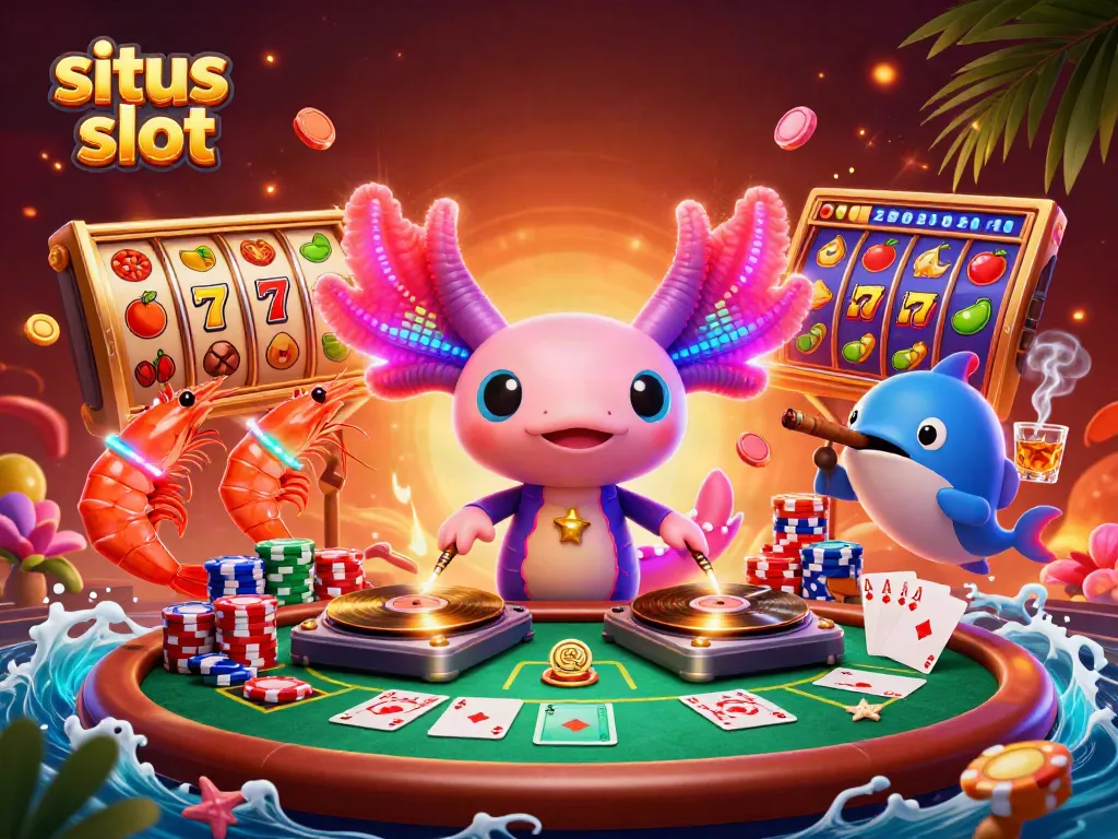 Experience the thrill at situs slot with colorful characters and dynamic slot elements in a vibrant casino scene.