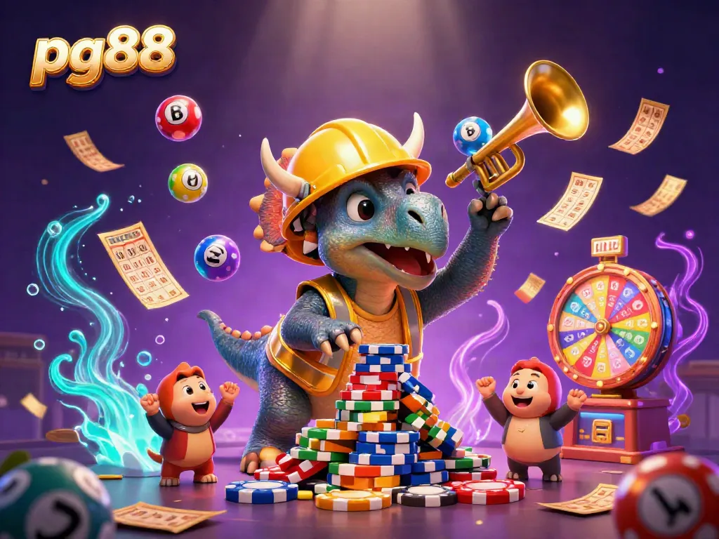 Join the fun at pg88, where a triceratops builds poker chip pyramids amidst colorful gaming elements.