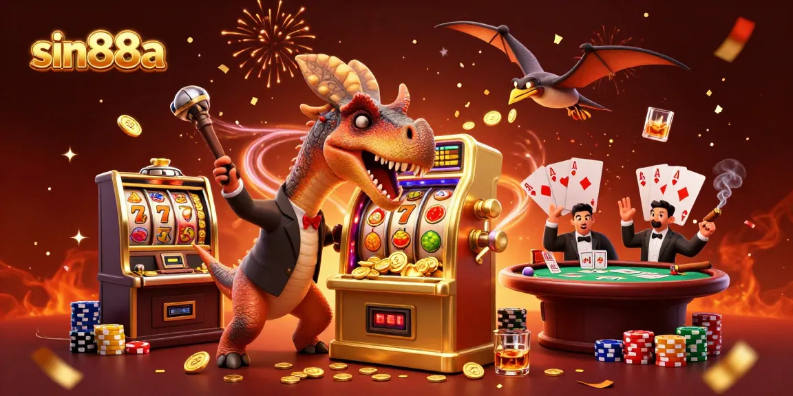 sin88a casino scene with a cartoon dinosaur winning jackpots from a golden slot machine, surrounded by poker elements
