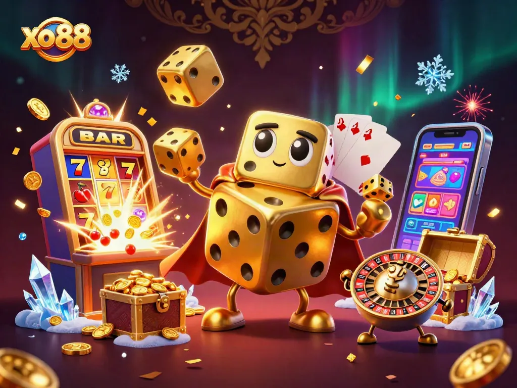 Engage with exciting xo 88 casino games and dynamic golden dice in an energetic scene.