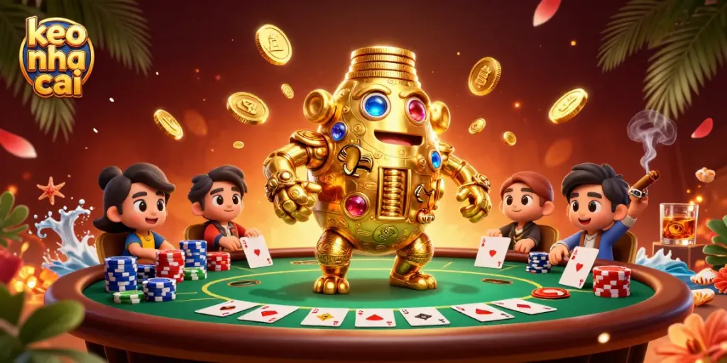 Engage in thrilling keo nha cai betting with a dynamic scene of a golden golem and poker elements.