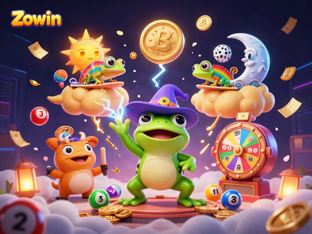 Engage with Zowin's vibrant online world of lotteries and prizes amid golden coins and thriving gaming elements.