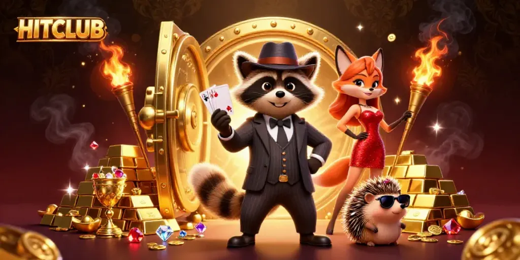 Experience the thrill of HITCLUB with a raccoon and fox in a vibrant casino atmosphere.