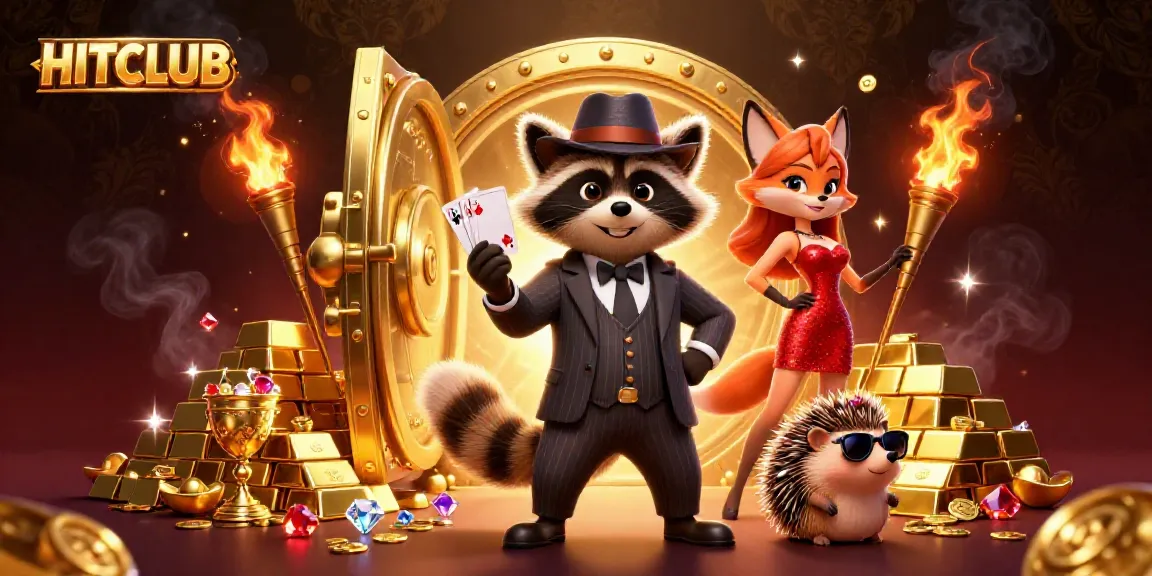 Experience the thrill of HITCLUB with a raccoon and fox in a vibrant casino atmosphere.