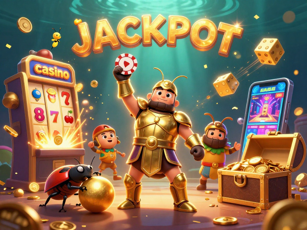 Experience thrilling casino action with cartoon beetles celebrating a jackpot and dynamic game elements.