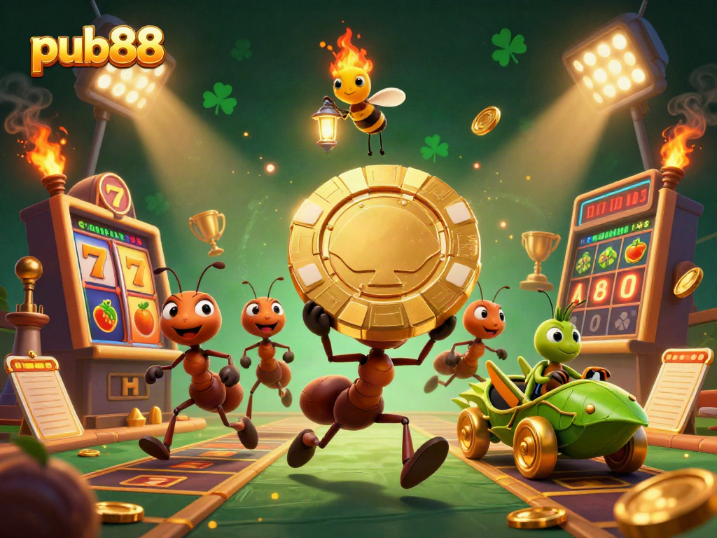 pub88 showcases an adventurous team of ants in a casino heist surrounded by vibrant gaming elements.