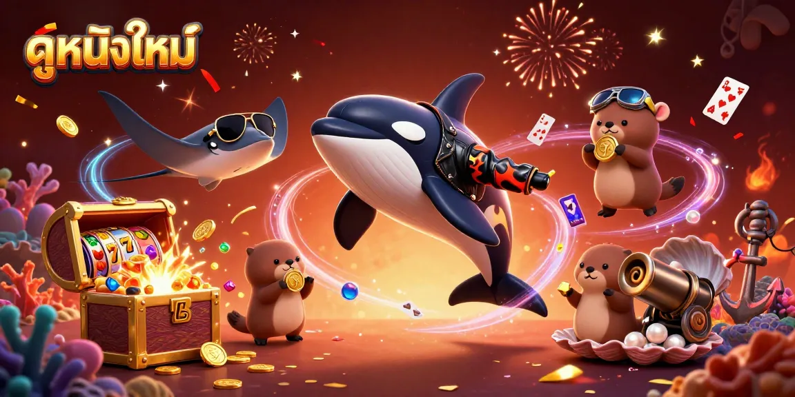 Engaging illustration of ดูหนังใหม่ with vibrant characters like an orca, stingray, and otters while experiencing exhilarating casino actions.