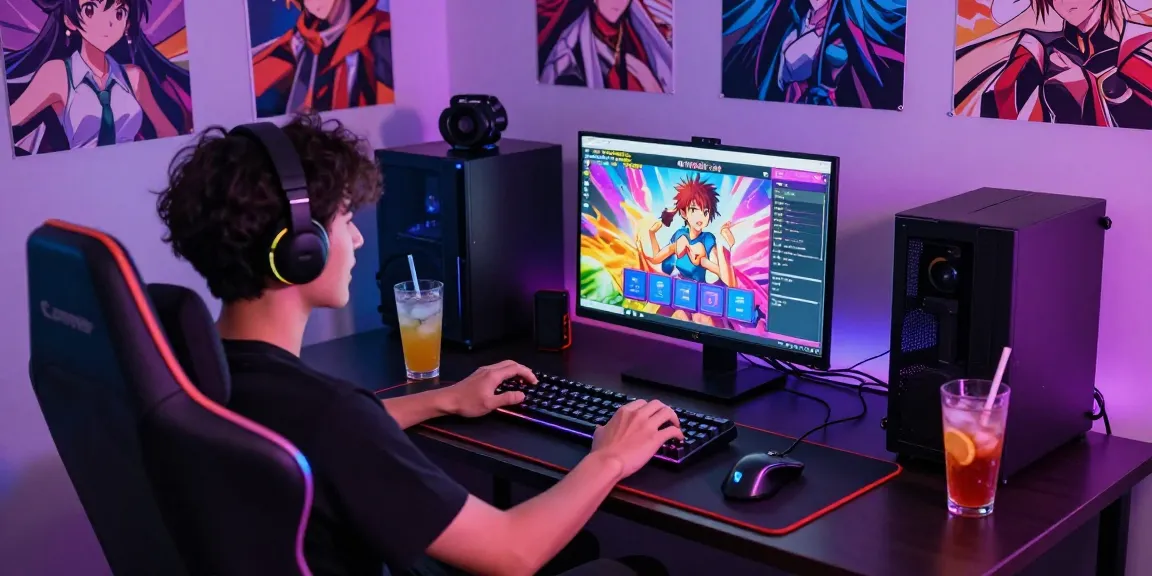 Player engaging with a game hentai visual novel in a vibrant, colorful gaming setup.