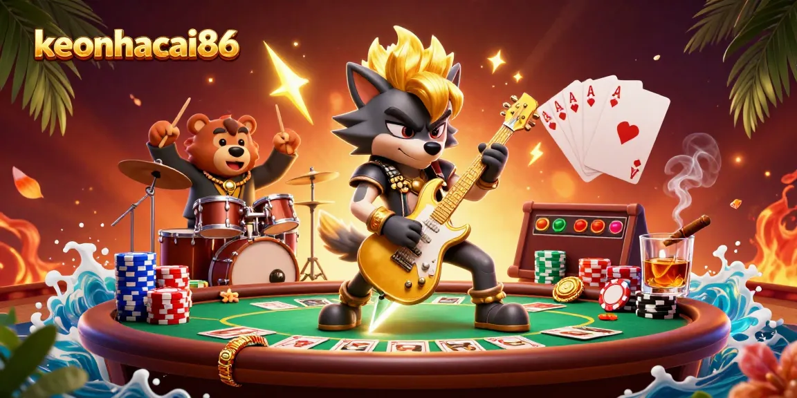 Experience thrilling action with keonhacai86 featuring a rock star wolf and drummer bear amidst casino elements.