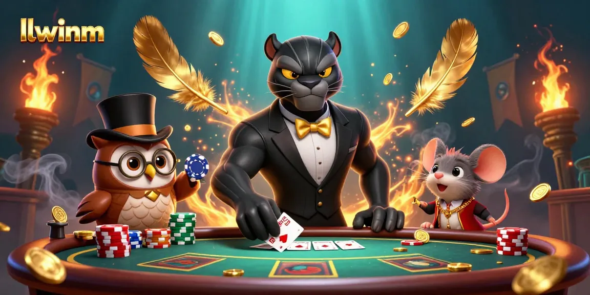 Engage in a thrilling gambling scene with llwinm, featuring a panther dealer, owl, and mouse in vibrant casino atmosphere.