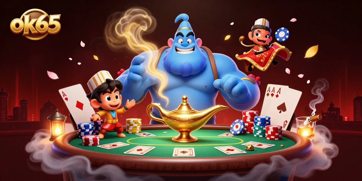Experience ok65 in a vibrant scene featuring poker chips, a genie, and magical elements at play.