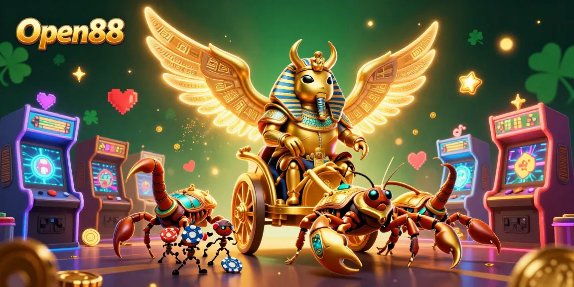 Engage in thrilling gaming at Open88, where a golden scarab and jewel-encrusted scorpions symbolize luck and royalty.