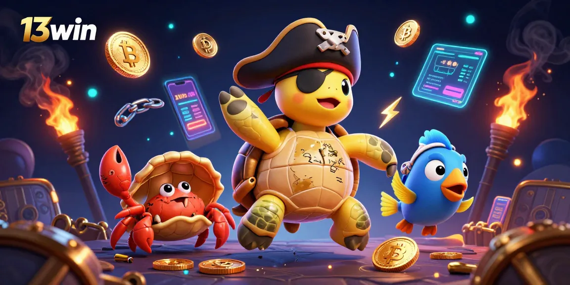 Win big at 13win with captivating cartoon characters celebrating cryptocurrency and gaming triumphs!