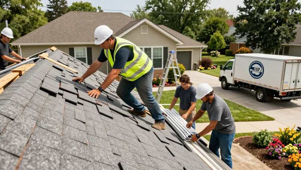 Local roofing contractors installing roof shingles on a sunny day, showcasing teamwork and craftsmanship.