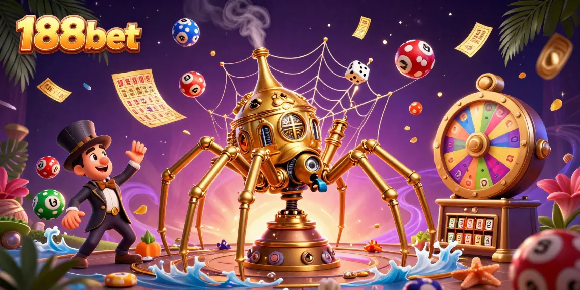 Engage with the thrilling world of 188bet as a steampunk spider catches dice in its web.