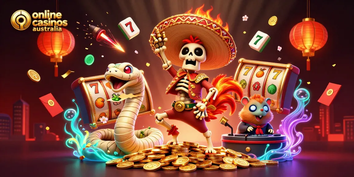 Experience vibrant online casinos Australia with a festive illustration of a dancing skeleton rooster among gaming elements.
