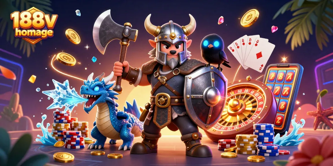 Engaging scene from 188v homepage featuring a Viking warrior, dragon, and coins amidst casino action.