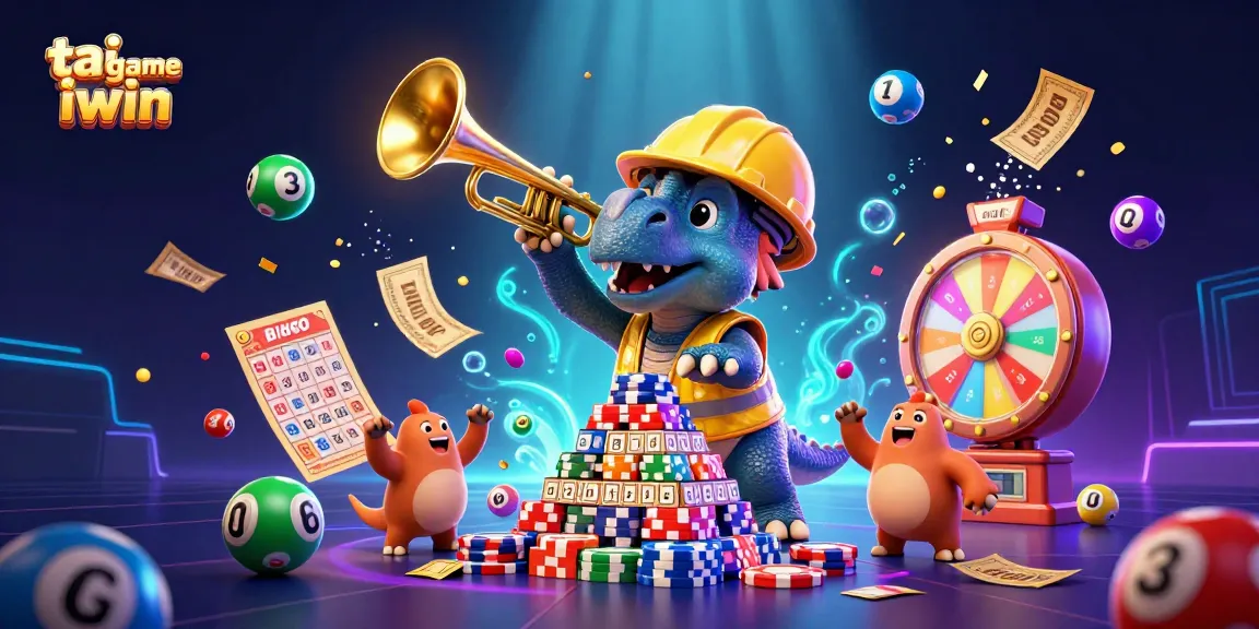 Tai game iwin engaging scene with a triceratops and colorful casino elements celebrating winnings.
