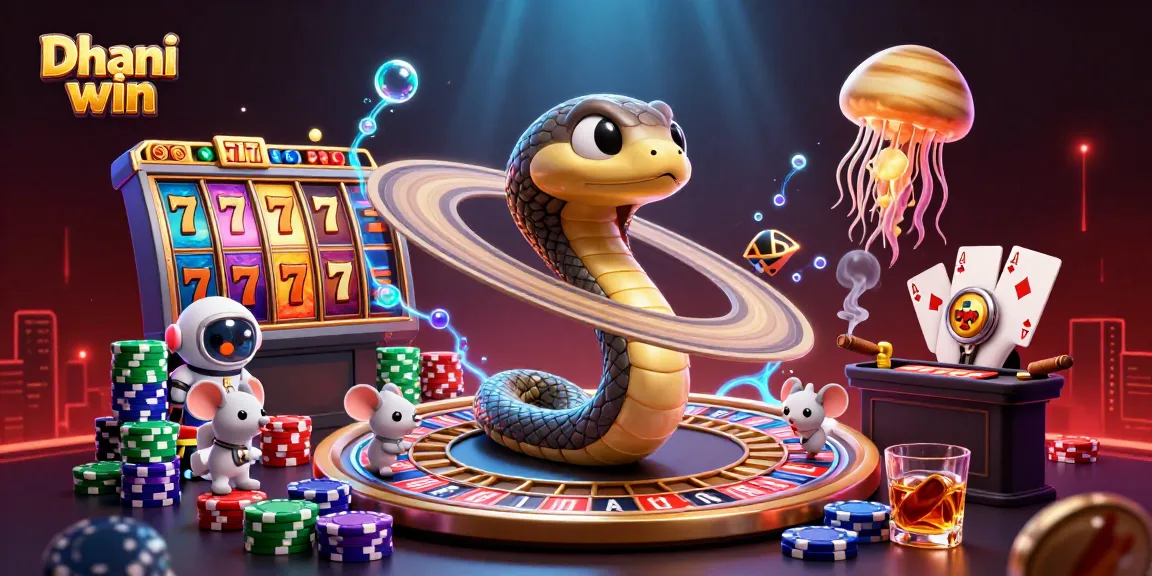Dive into Dhani win as astronaut mice place bets on a cosmic roulette wheel surrounded by slot reels and vibrant casino elements.