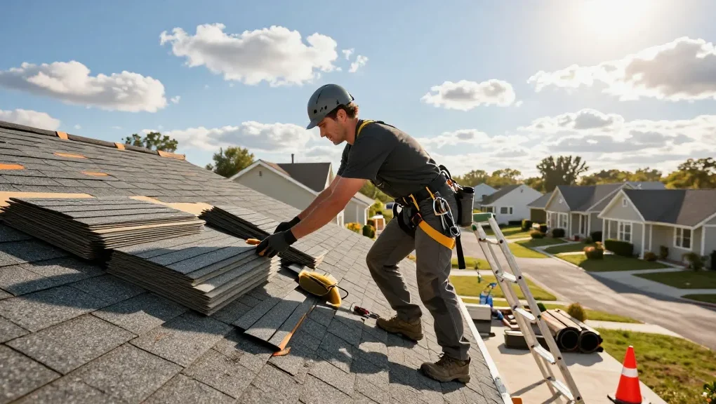 Local roofing contractors working skillfully on residential rooftop installation with tools and materials.