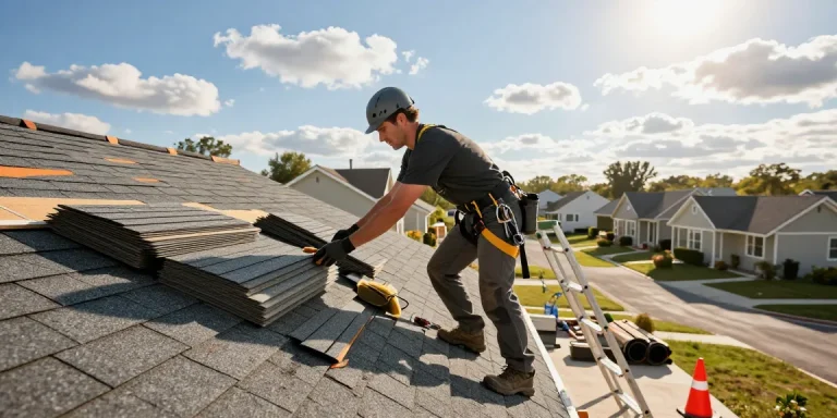Local roofing contractors working skillfully on residential rooftop installation with tools and materials.