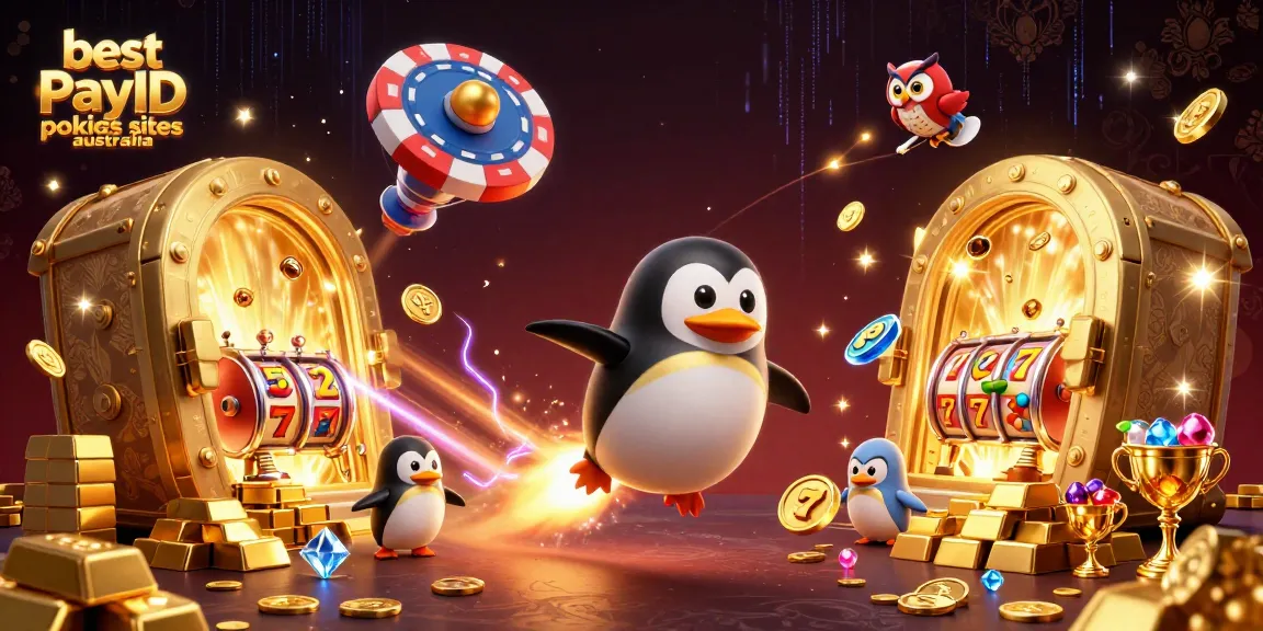 Engage with the best PayID pokies sites Australia featuring dynamic golden penguin and casino elements.