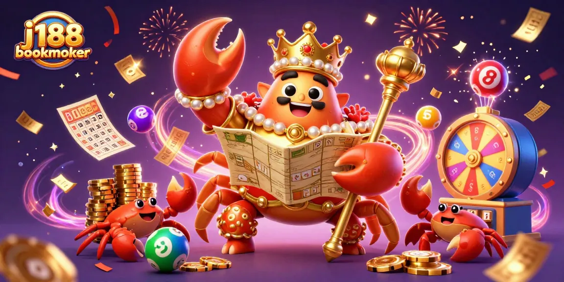 Engage with the j188 bookmaker through an exciting casino scene of a golden crab emperor and lottery elements.