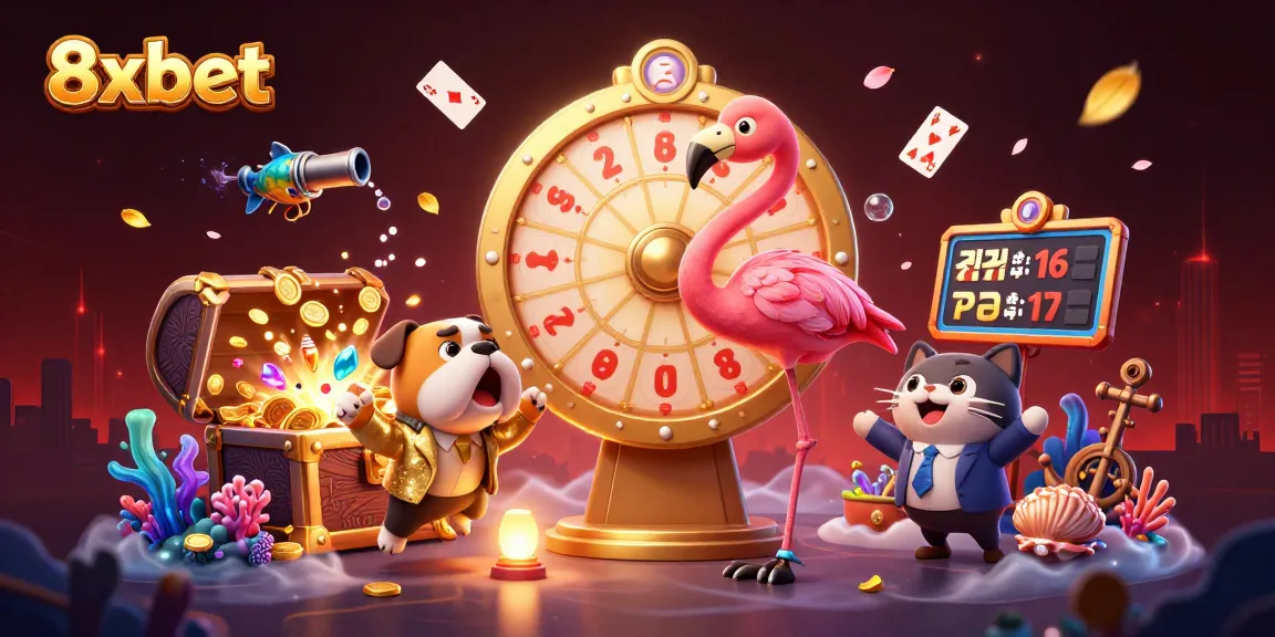 Spin the giant prize wheel with 8xbet in this thrilling casino illustration featuring exciting gameplay elements.