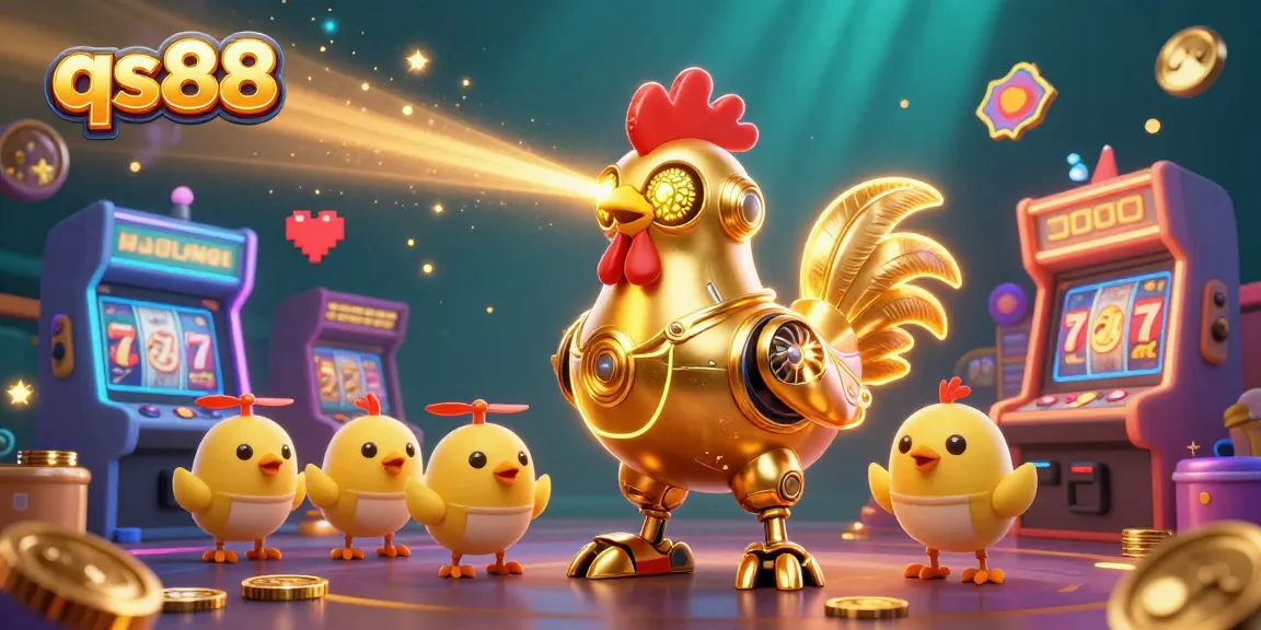 Engage with slots and jackpots at qs88, featuring vibrant 3D gaming elements and golden rooster robot.