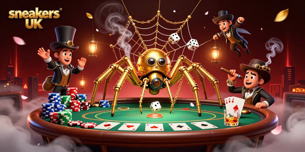 Engage in thrilling gameplay at sneakers UK-themed casinos, featuring golden spider and poker action.