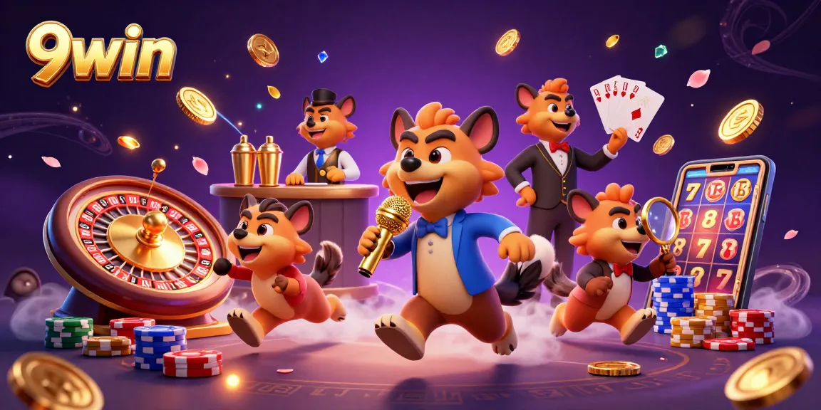 Experience the excitement of 9win with hyenas in a lively casino scene featuring comedy, cocktails, and IDs.