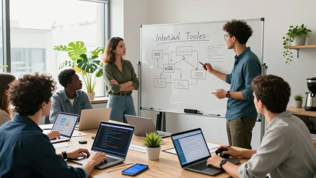 Build internal tools with AI during a collaborative brainstorming session in a modern tech workspace.
