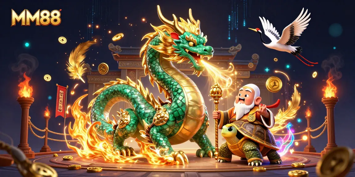 Engage in thrill with MM88, featuring a massive dragon and lucky cranes in a vibrant casino scene.