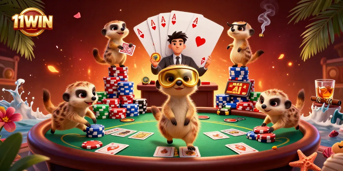 11WIN meerkats managing a vibrant casino scene with poker, vibrant colors, and detailed elements