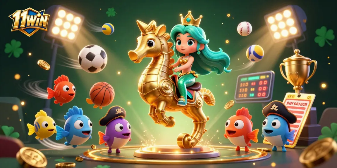 Bet on 11WIN with the mermaid princess and seahorse in a vibrant sports betting scene.