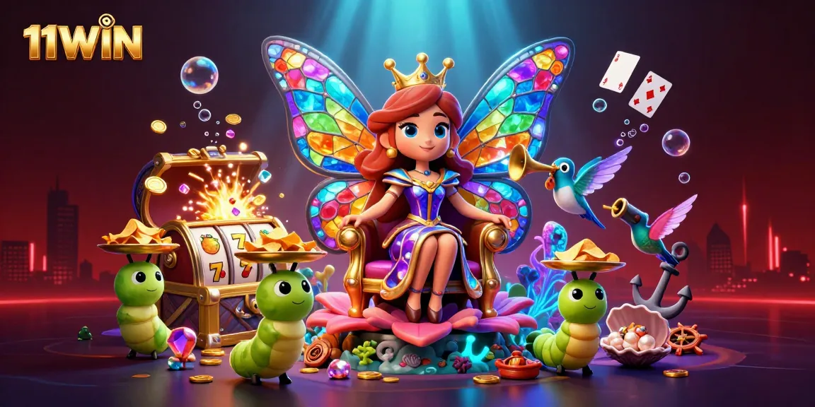 Experience thrilling wins with 11WIN, featuring a vibrant 3D casino adventure illustration.